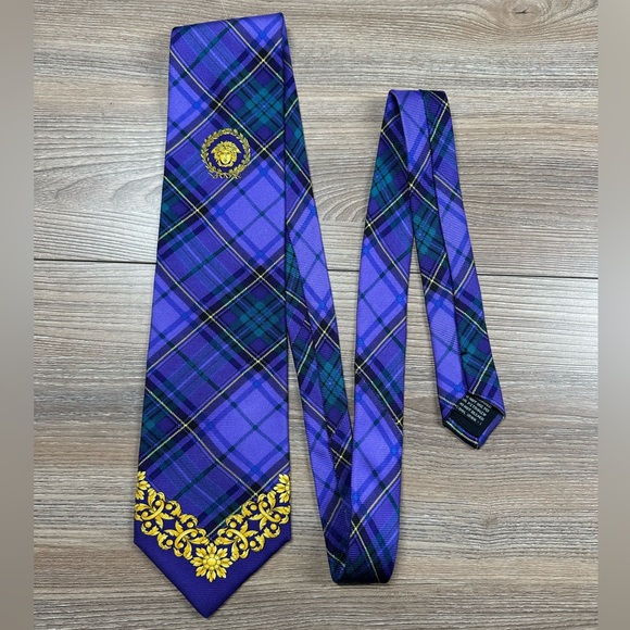 Gianni Versace 100% Silk Tie Medusa Head Baroque Tartan Plaid 57” 3 3/4” - Picture 2 of 11